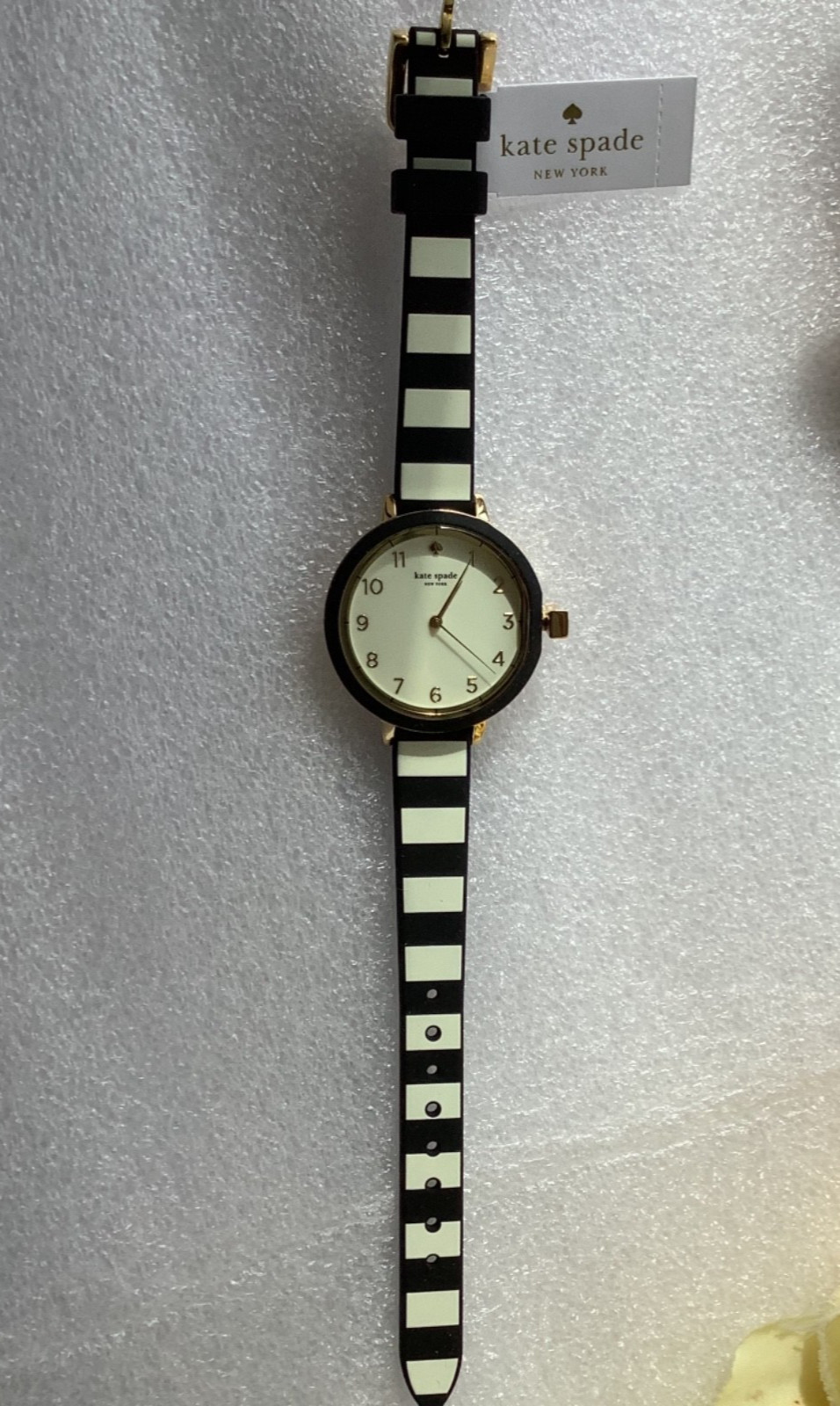 KATE SPADE NEWYORK PARK ROW BLACK & IVORY STRIPE SILICONE STRAP WOMEN’S 34 MM