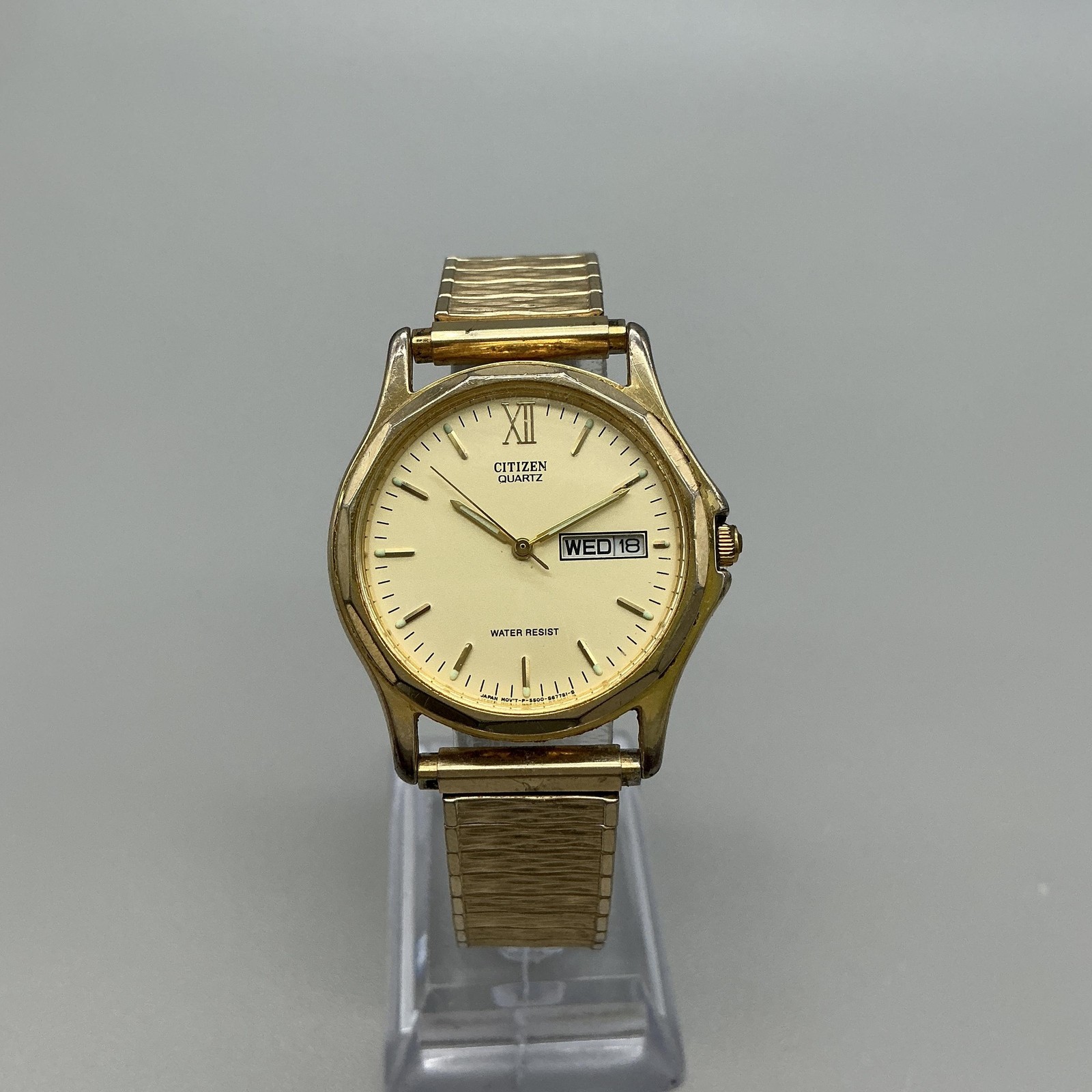 Citizen Mens Watch 34mm Champagne Dial Gold Tone Day Date Stretch New Battery