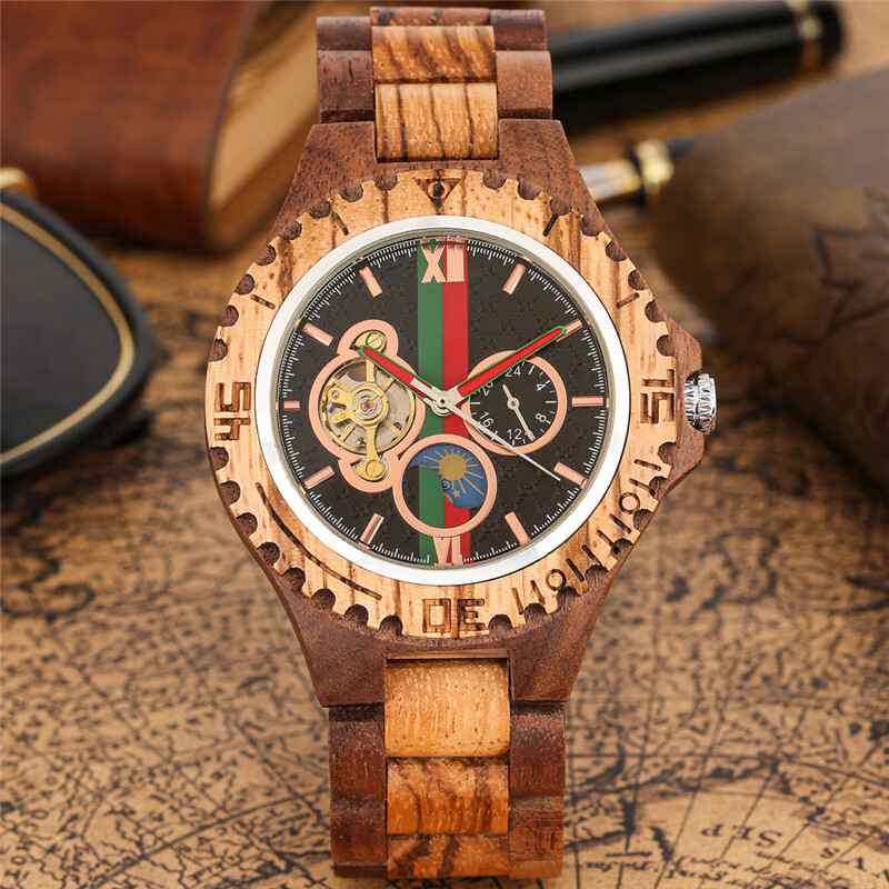 Men’s Wooden Automatic Watch Full Wooden Bracelet Wristwatch Folding Clasp Gifts