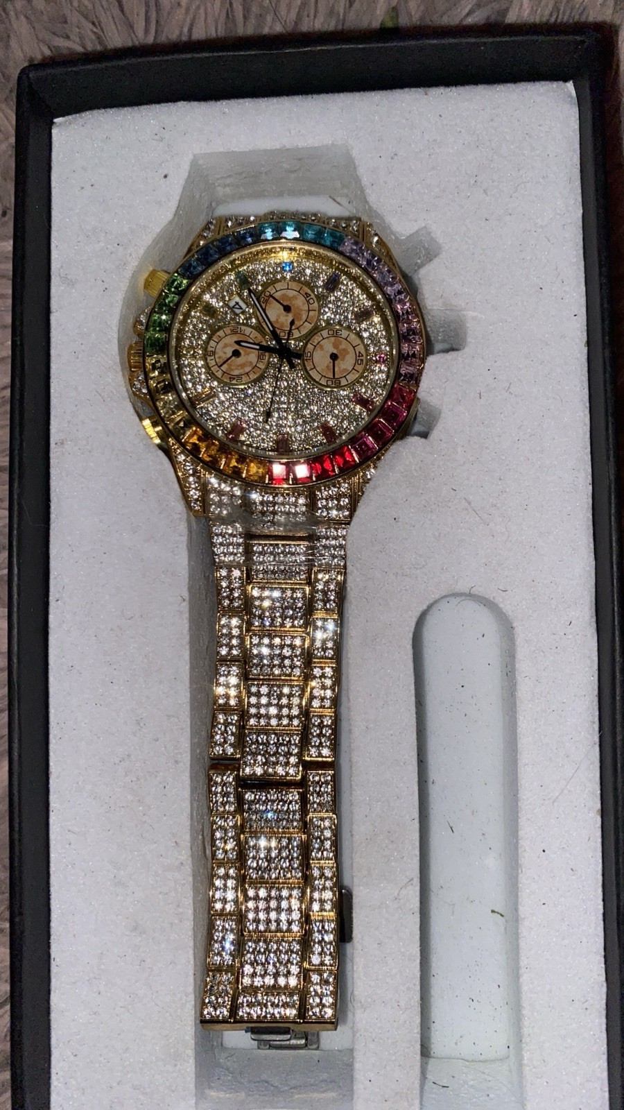 Gold Tone Iced Out Analog Wristwatch Gem-Set Multicolor Bezel w/ Box