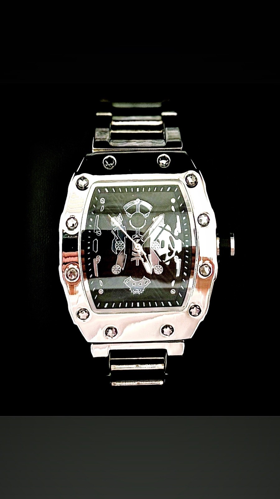 Men’s Gold/Silver/Black Skeleton Luxury Bling Metal Strap Tonneau Watch Gift Set