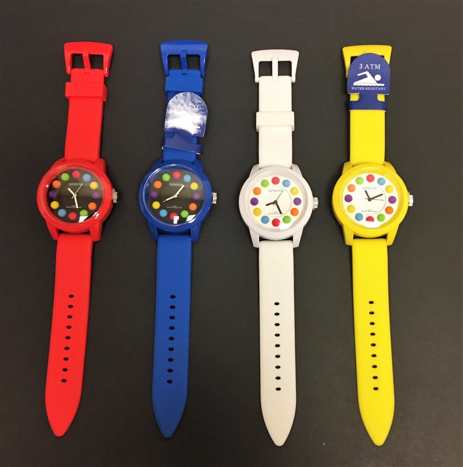 GENEVA BLUE,RED,WHITE,YELLOW SILICONE BAND,COLORFUL MARKER,WATER RESISTANT WATCH