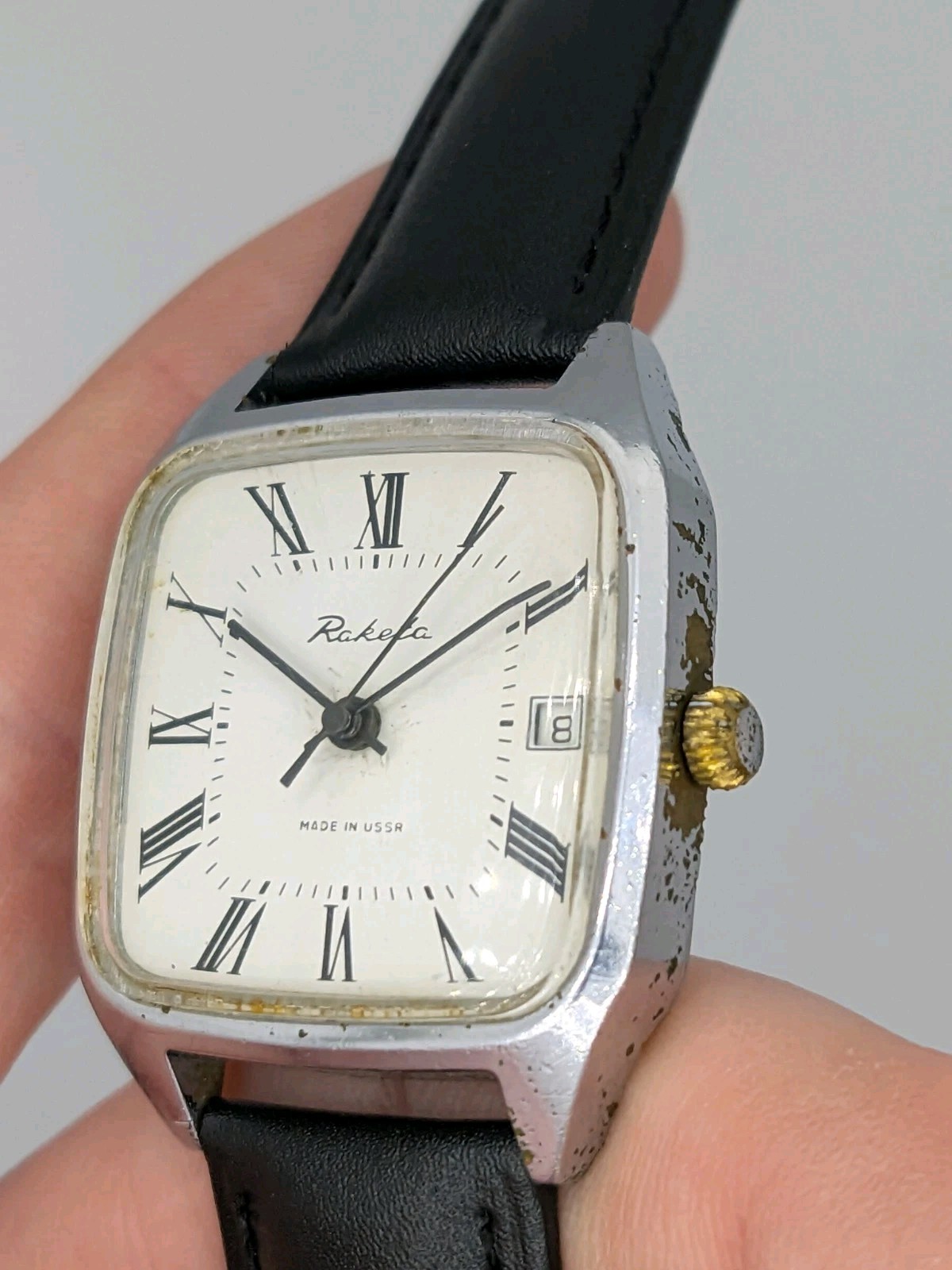 Raketa 2614 Square Vintage Watch Soviet USSR Men Roman Date Mechanical 1970s