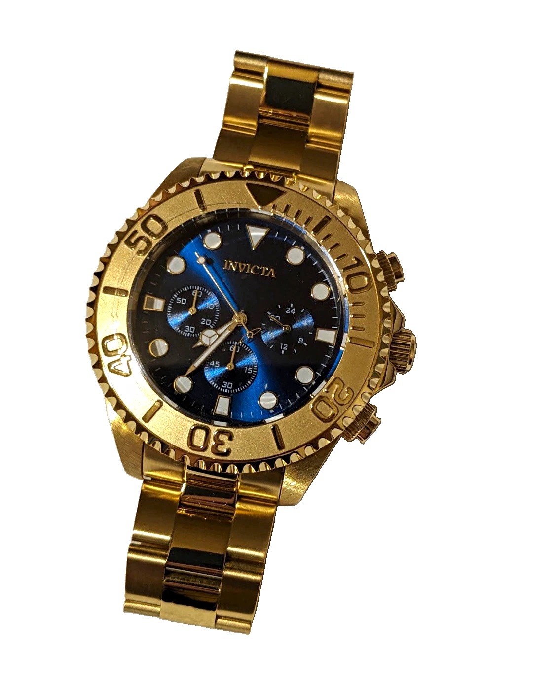 Invicta Pro Diver Quartz Chronograph Blue Dial Gold Tone Steel Bracelet w/Box