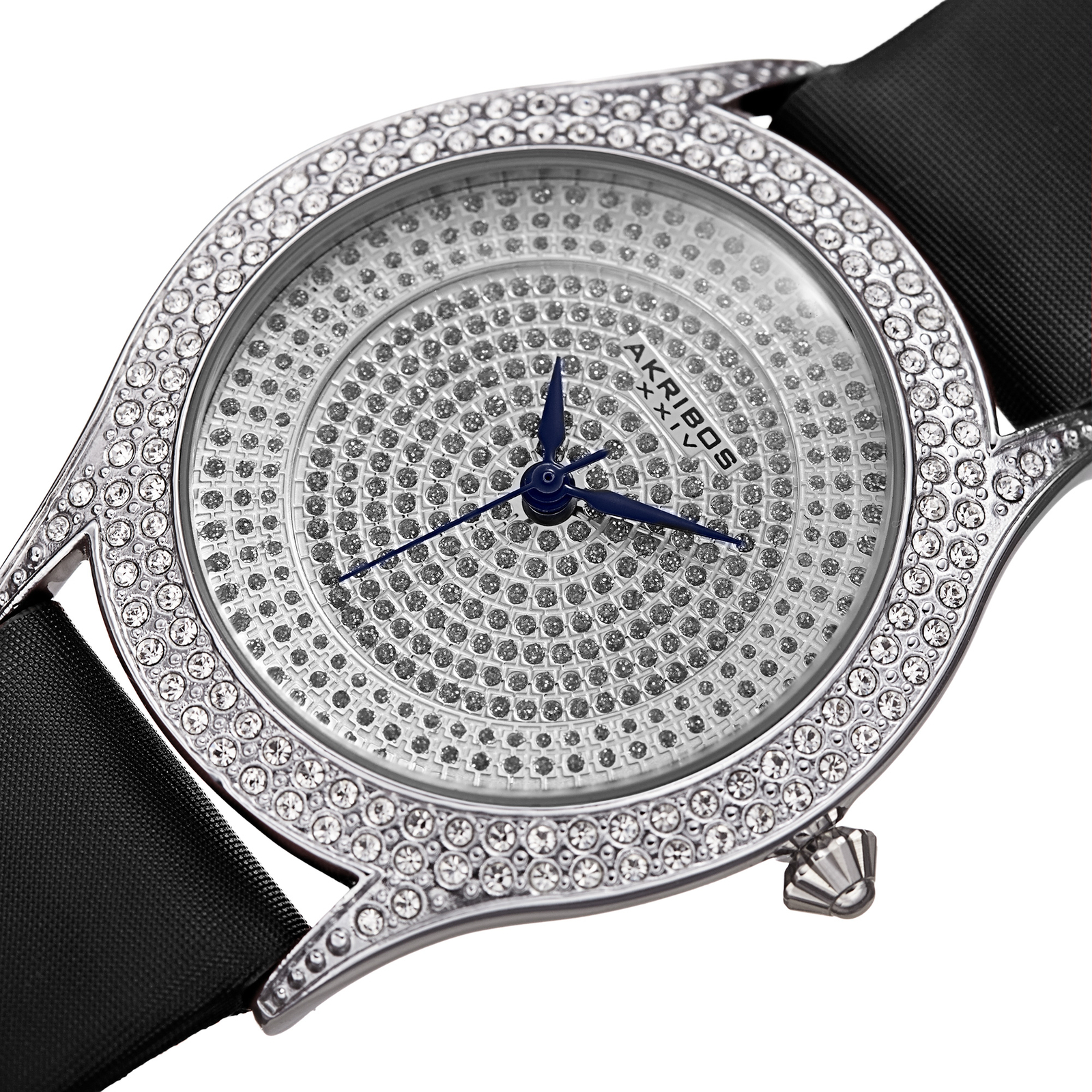 Women’s Akribos XXIV AK896SS Silver-tone Crystal Pave Black Satin Strap Watch