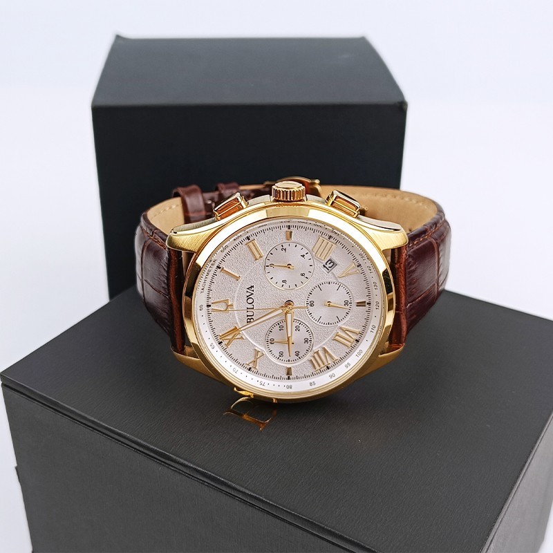 Bulova Men Wilton White White Dial Brown Leather 97B169 Chronograph Watch 46.5mm