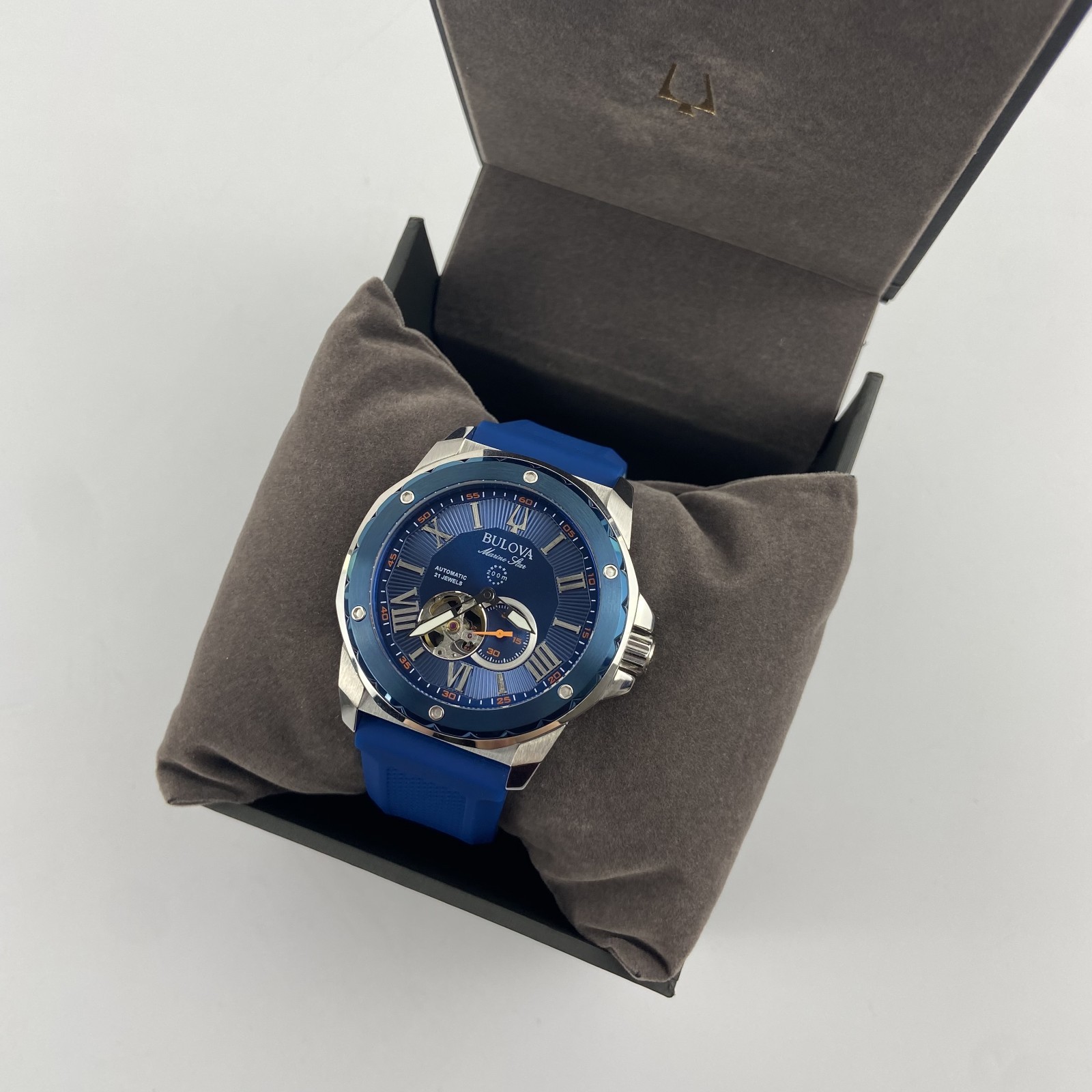 Bulova 98A303 Marine Star Men’s Automatic Watch Blue Dial Blue Rubber Strap 45mm