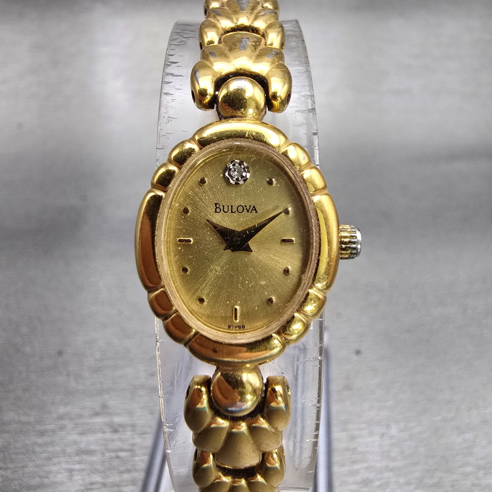 Bulova Watch Women 16mm Gold Dial Gold Tone Oval Diamond Accent New Battery VTG