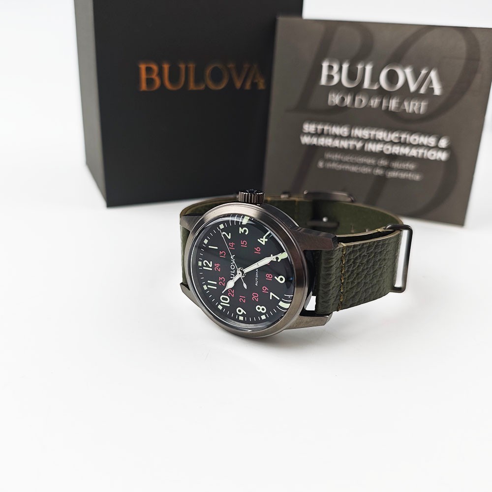 Bulova Hack 98A255 Black Dial Green Leather Strap Automatic Men’s 38MM Watch NEW