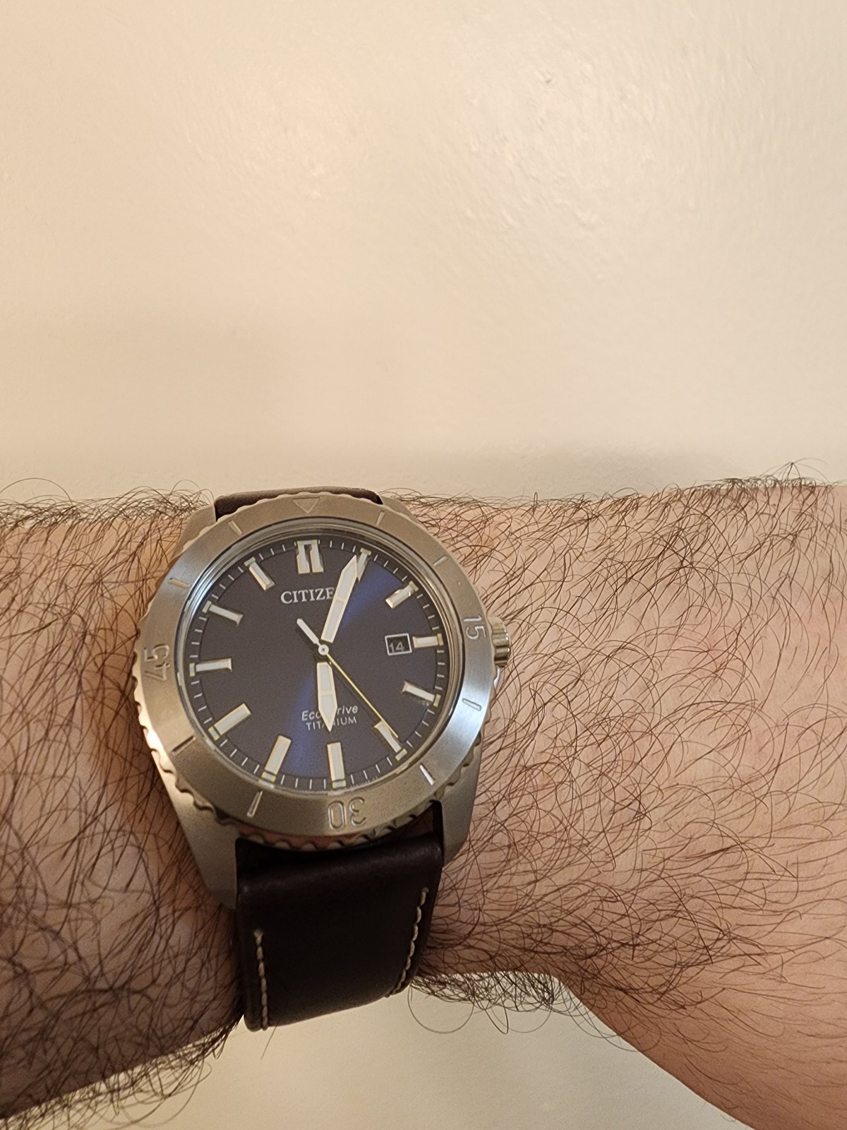 Citizen AW1840-09L Brycen Titanium Case Eco-Drive Leather Strap Blue Dial Watch