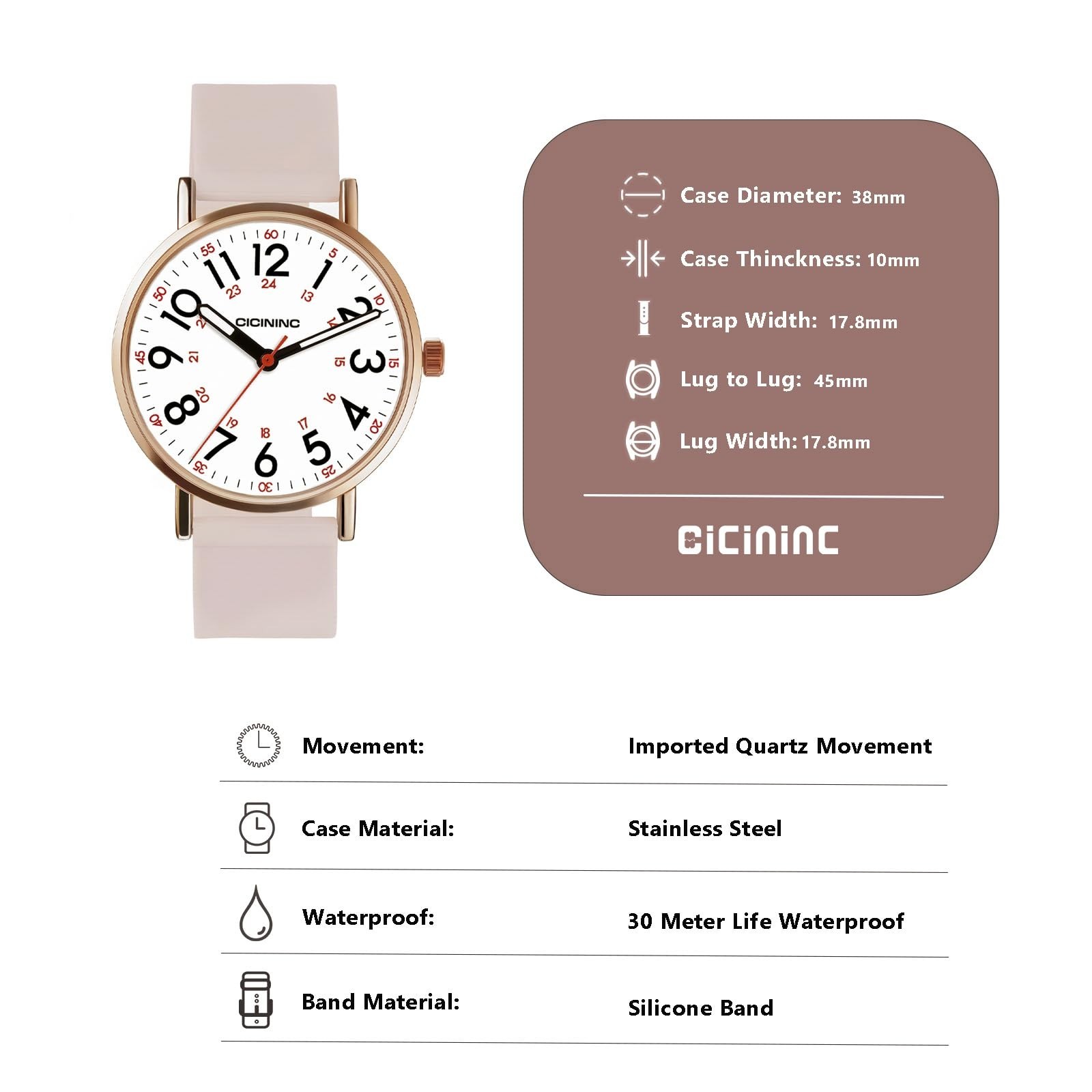 Nurse Watch for Women – Analog Nursing Timepiece with 12/24 Hour Format & Second