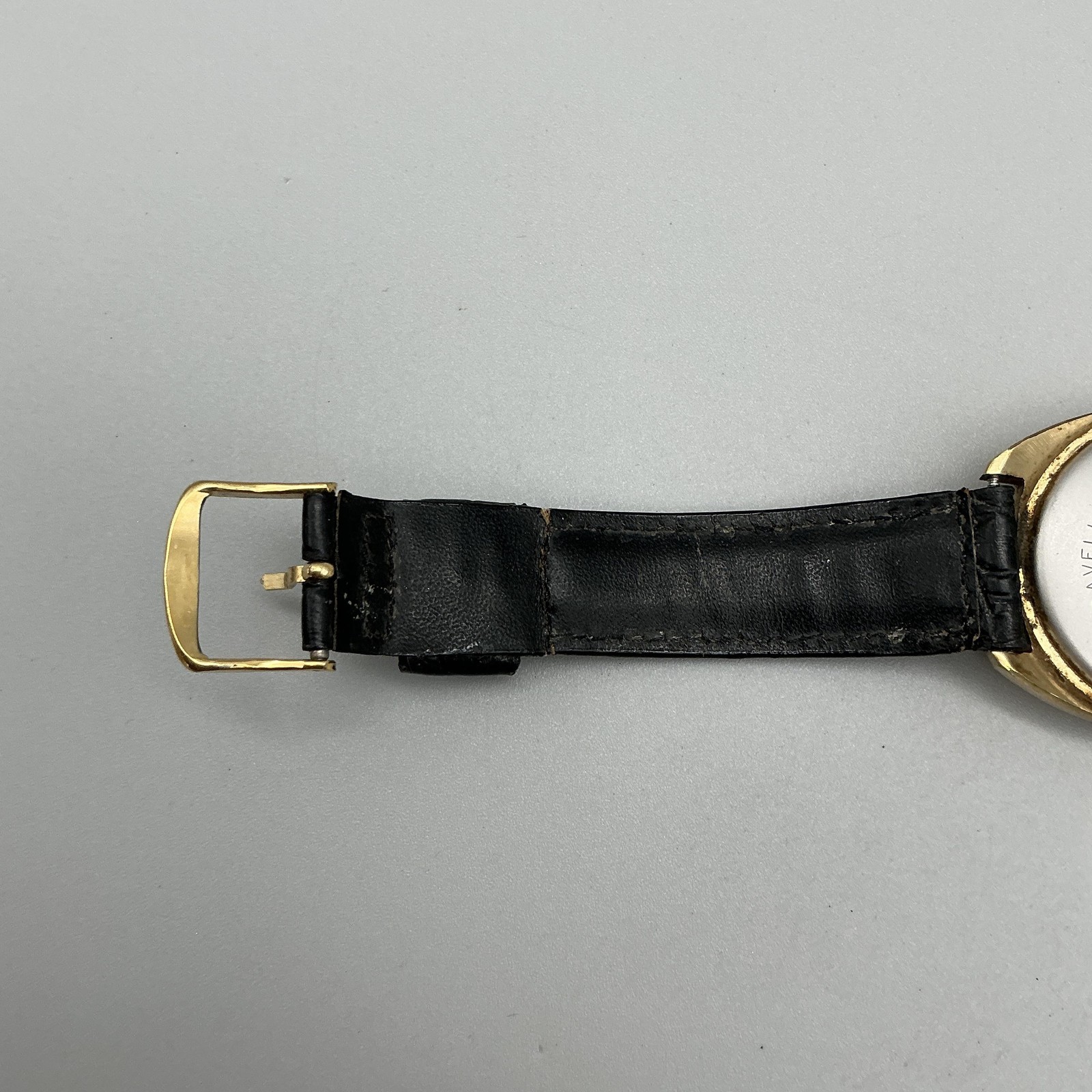 Vintage Caravelle Mens Watch 33mm Black Dial Gold Tone Case Manual Leather Strap