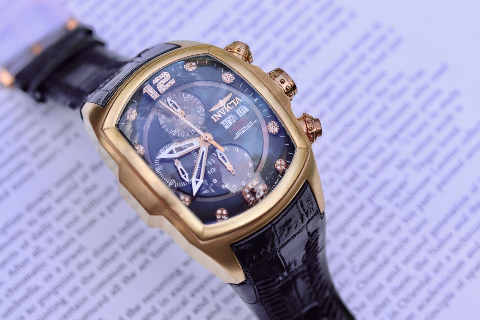 Invicta Lupah 0514 Men Swiss Automatic Chronograph 14K Rose Gold Plated, Diamond