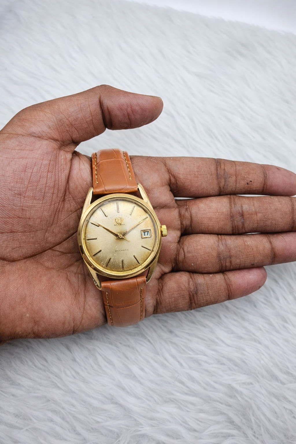 Vintage Favre-Leuba Daymatic Automatic Swiss Gold Dial Date Men’s Watch 21Jewels