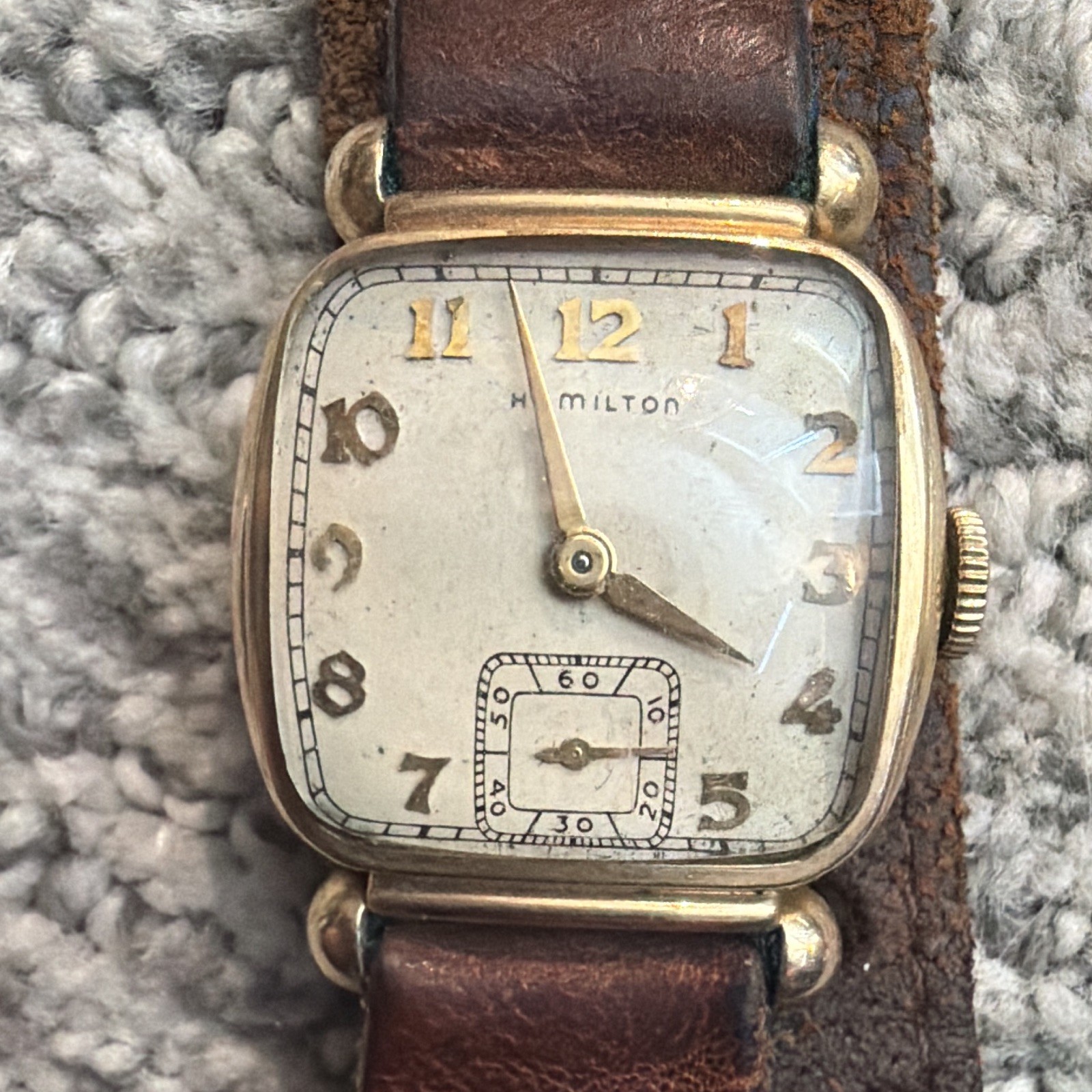 Hamilton 1930s Vintage Manual Wind Cushion Gold Case White Dial Brown Leather