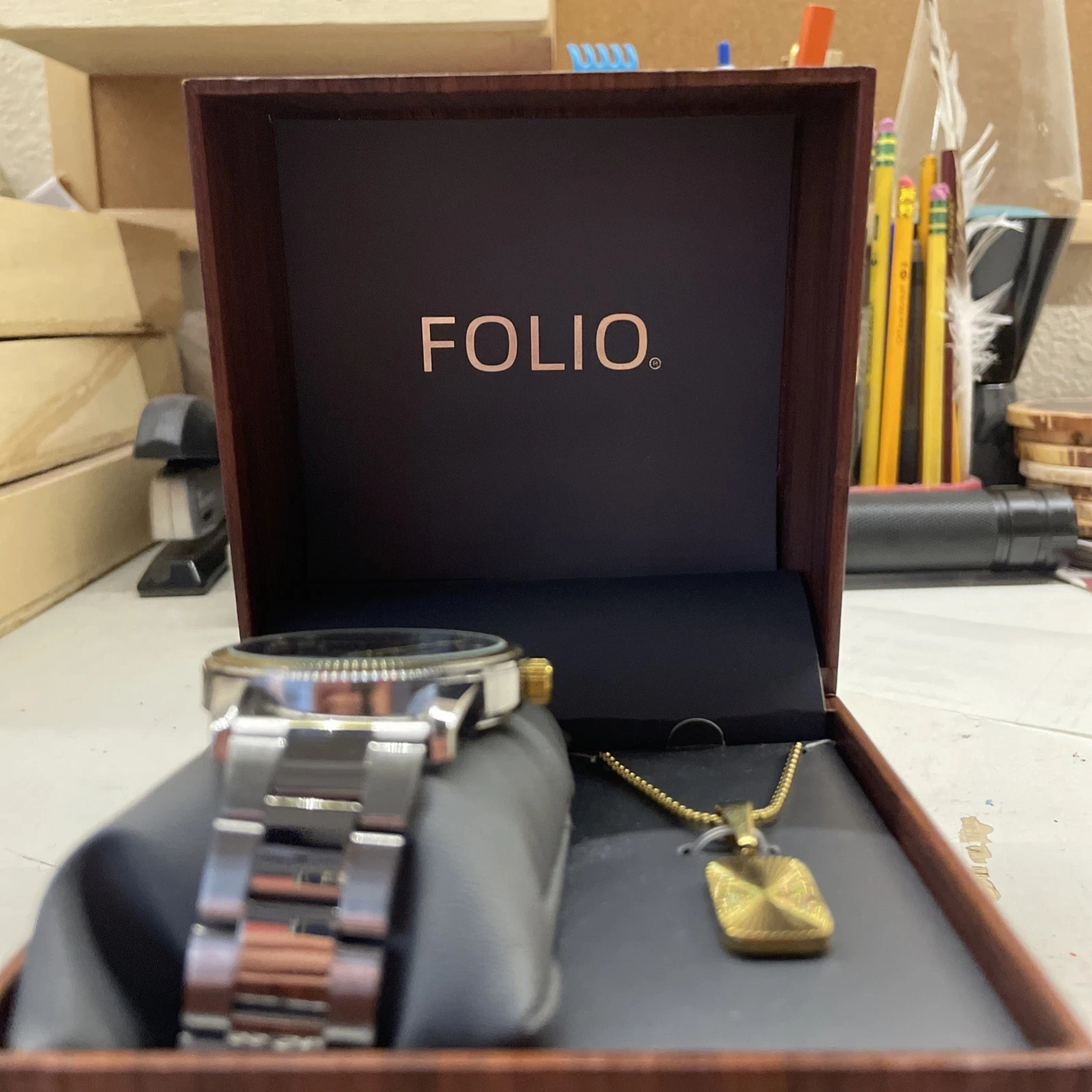 Folio Men’s Dress Wristwatch Silver with Gold Dial and Blue Face