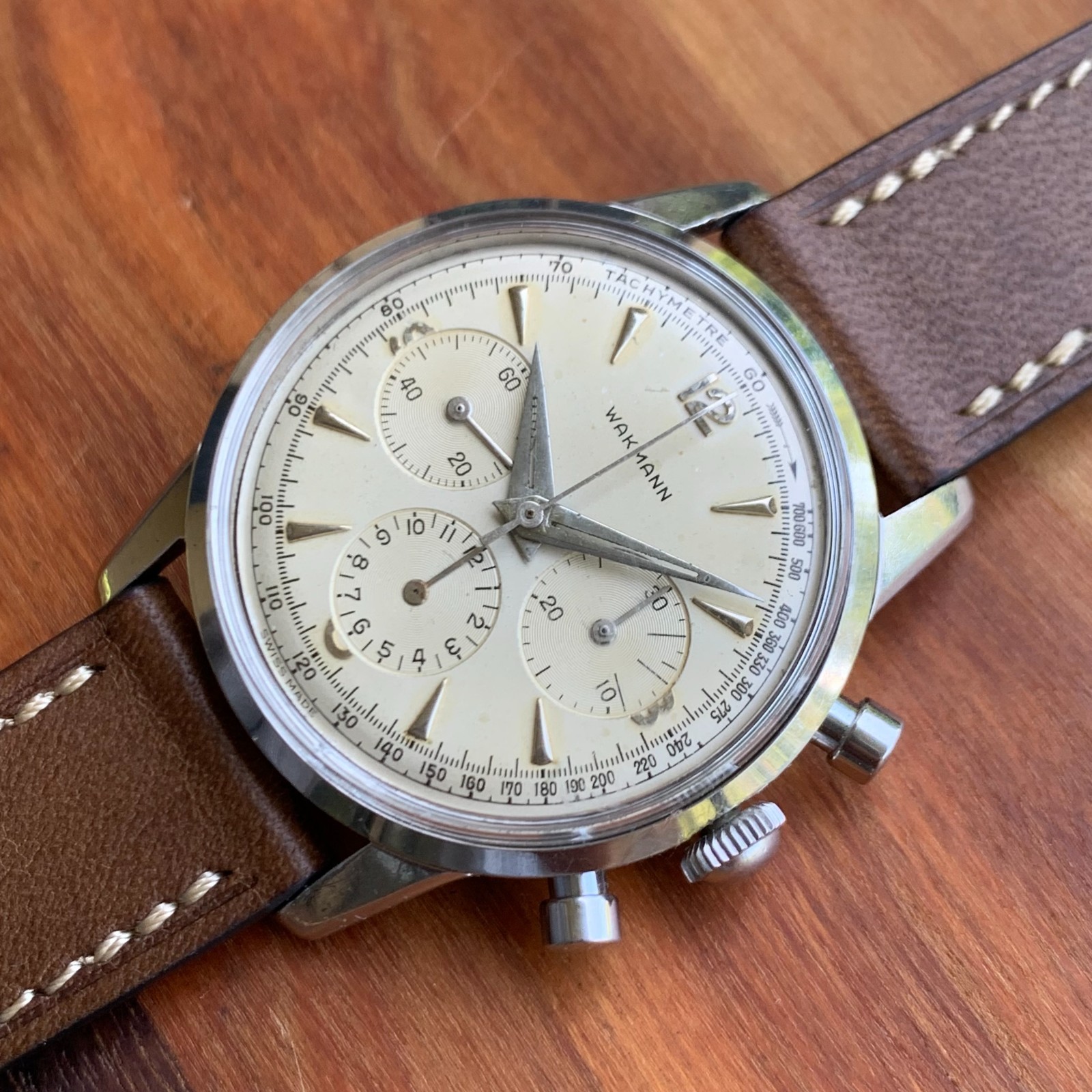 Vintage Wakmann Three Register Stainless Steel Chronograph Wristwatch