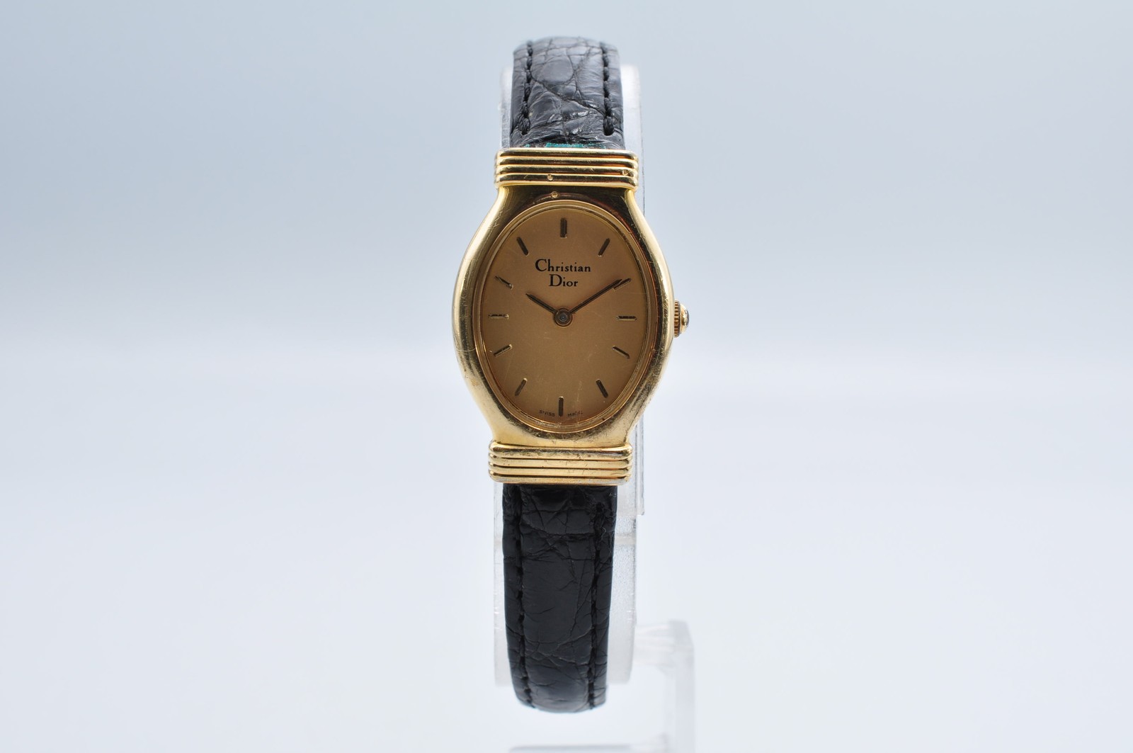 Christian Dior 3009 Watch Women Gold Tone Oval Dial Black Leather Auth w-1354
