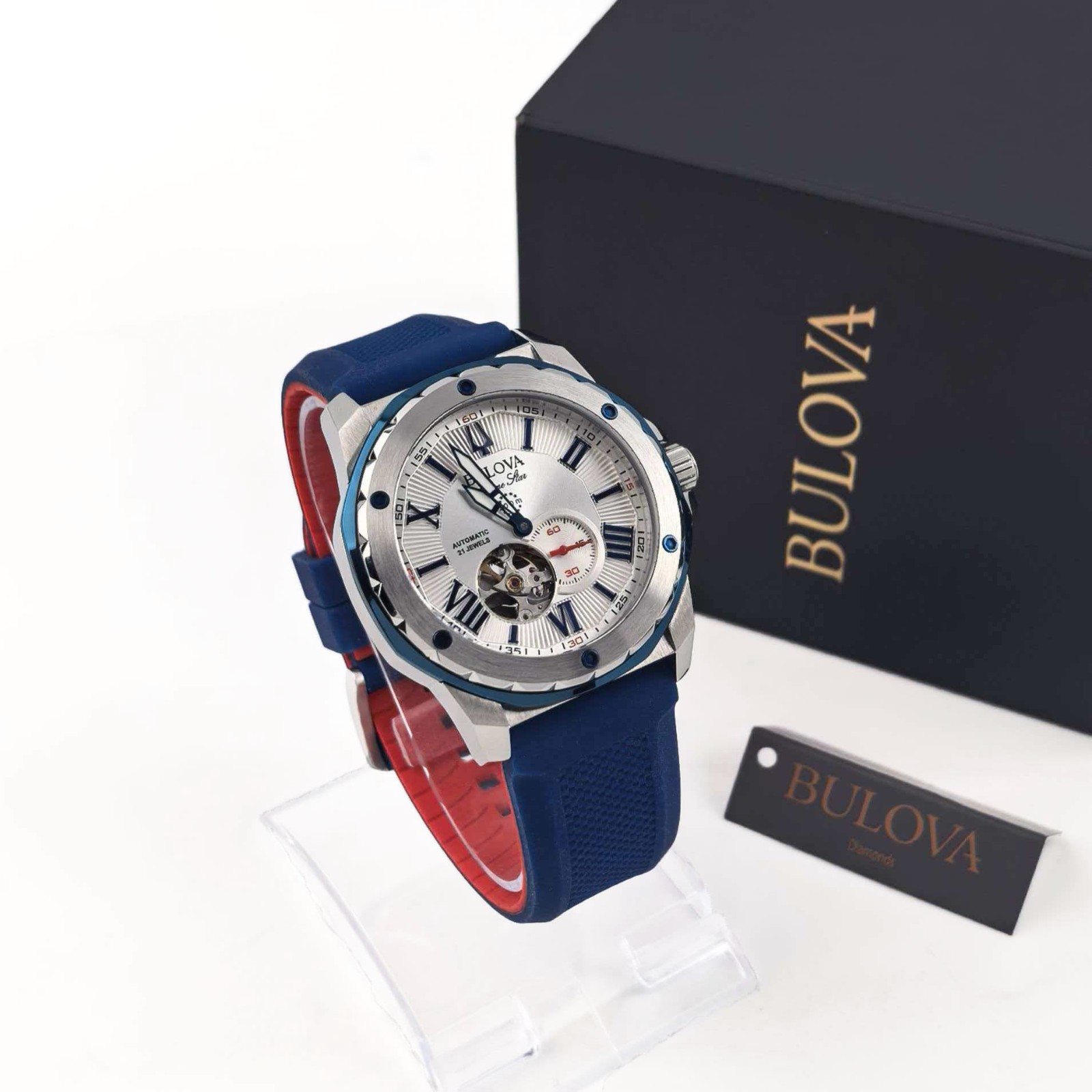 Bulova 98A225 Marine Star Men’s Silver-Tone Dial Silicone Band Men’s Watch 45mm