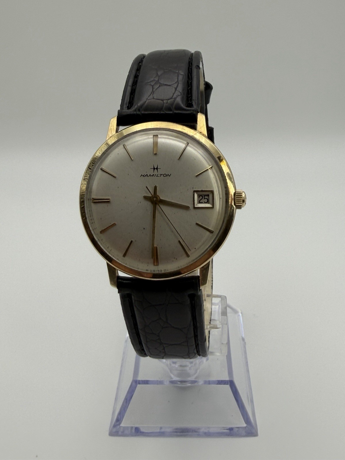 Vintage Hamilton Swiss Hand Wind 34mm Gold Tone Date Dress Watch Runs