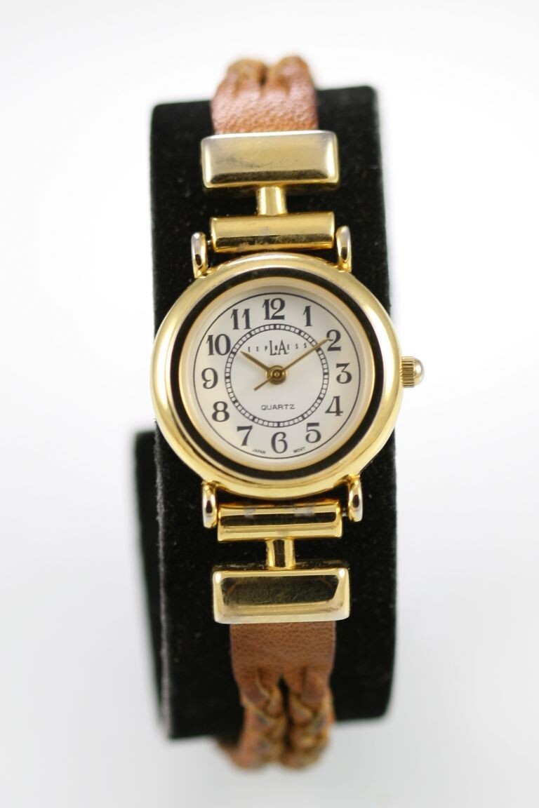 LA Express Women Watch Gold Stainless Steel Brown Leather Battery White Quartz