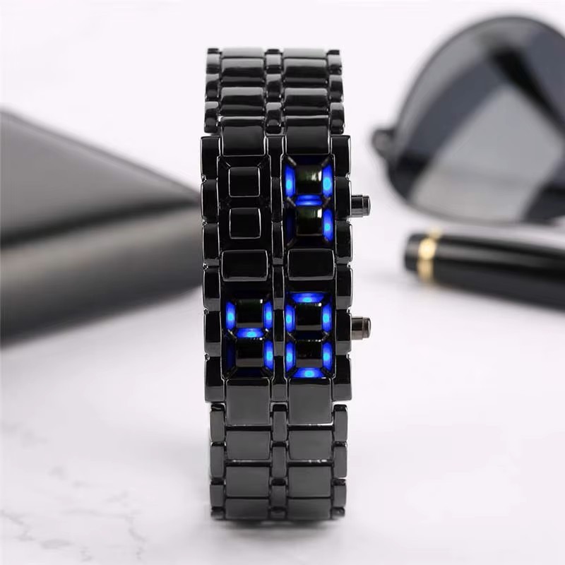 LED Digital Watch, Black & Blue Stainless Steel Lava Style, Samurai Bracelet