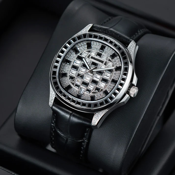 Luxury Automatic Watch Men Miyota 8215 Baguette Stone Leather Rubber Strap