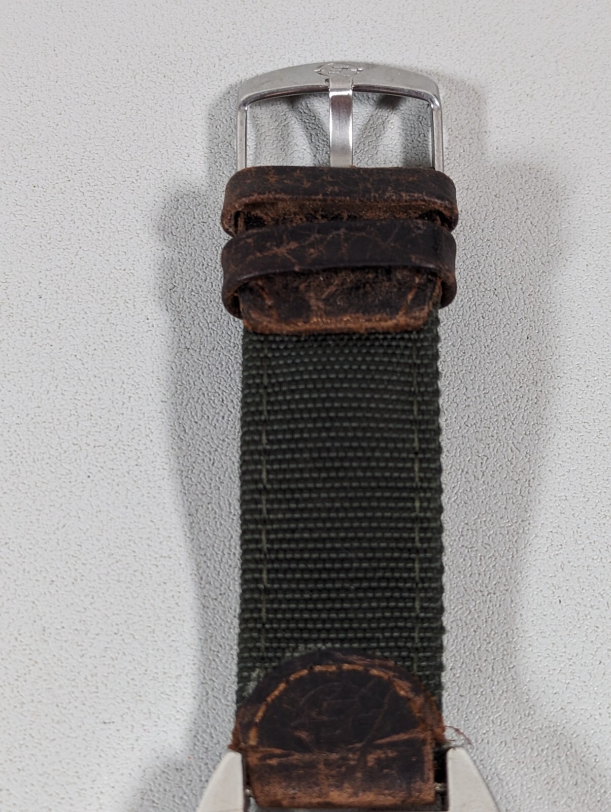 Puma White Dial Silver Tone Rectangle Case Green Canvas Leather Band Watch