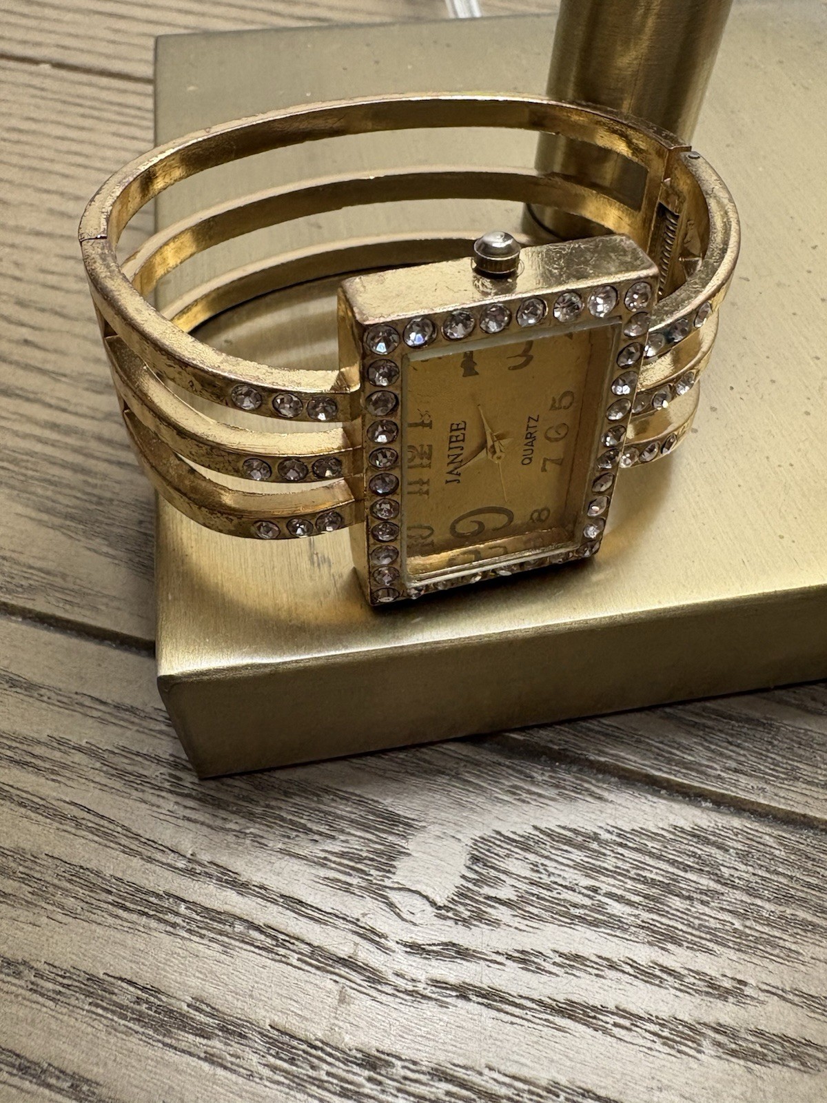 Gold tone rhinestone watch with adjustable bangle #bling #watch