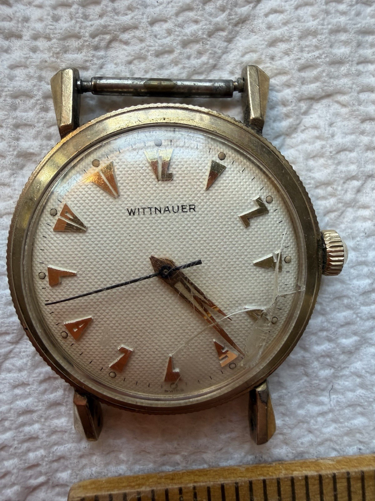 Vintage Men’s Gold Wittnauer Swiss Watch with Aztec Deco Honeycomb Dial – Repair