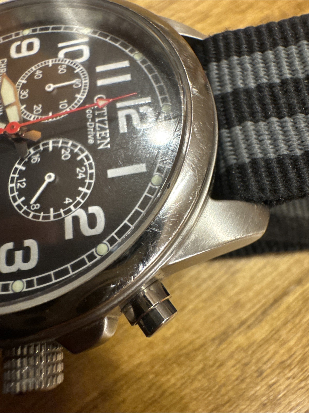 Citizen Watch men Eco-Drive Chronograph WR100 Canvas Strap Black Dial NATO-strap