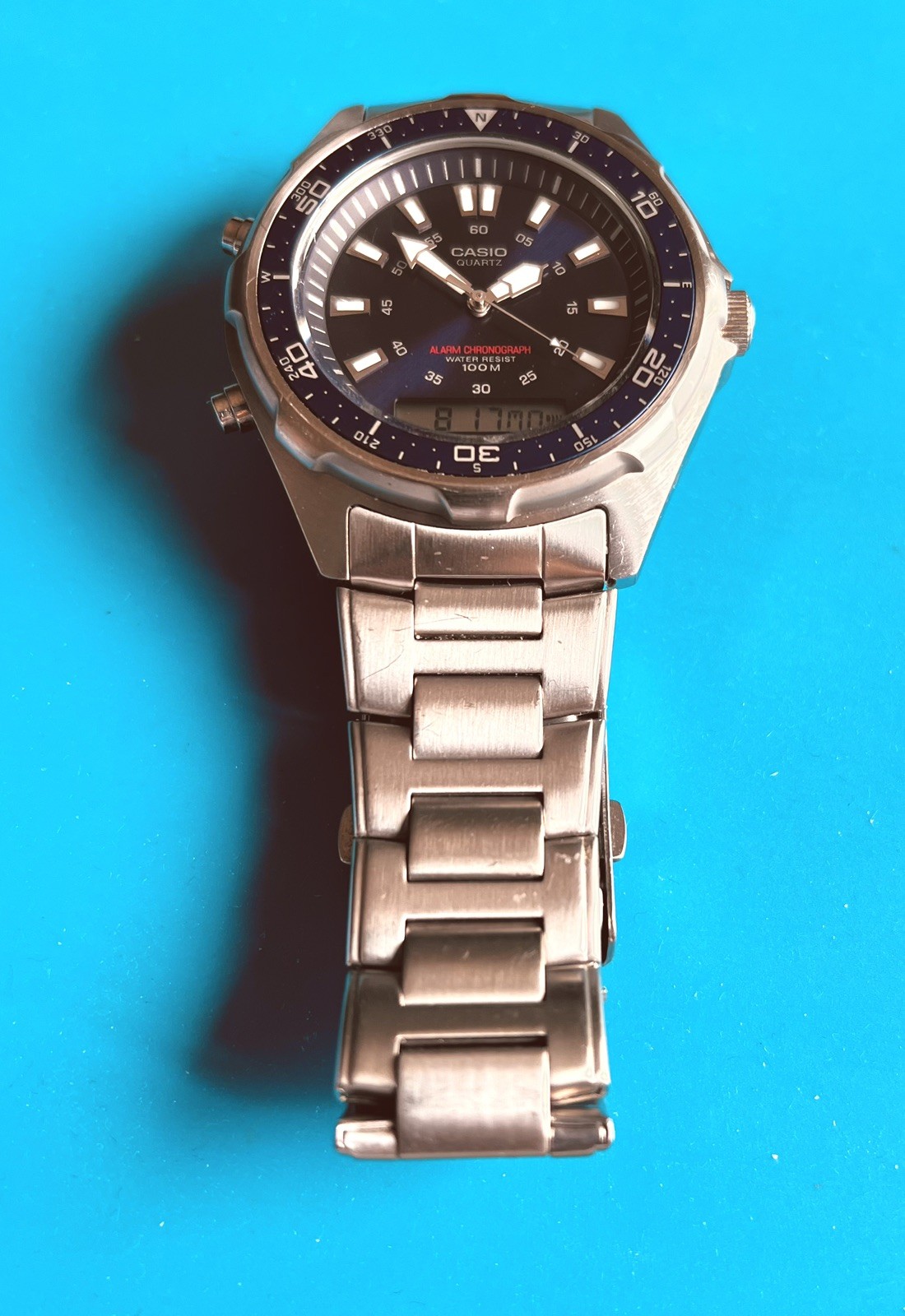 Vintage Blue Bezel Casio Analog-Digital Blue Dial Watch AMW-320R New Battery