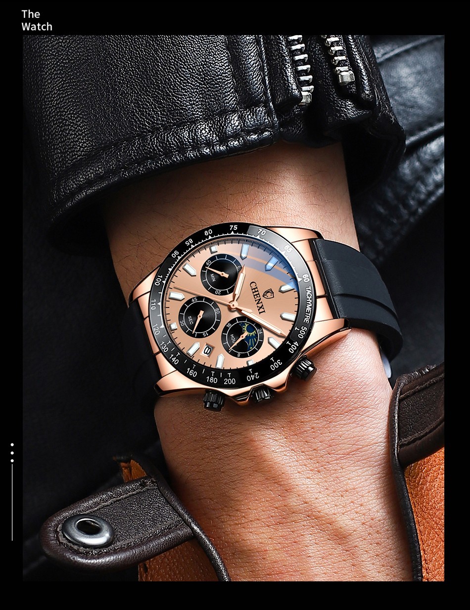 CHENXI Men’s Rose Luminous Calendar Chronograph Moon Phase Business Quartz Watch