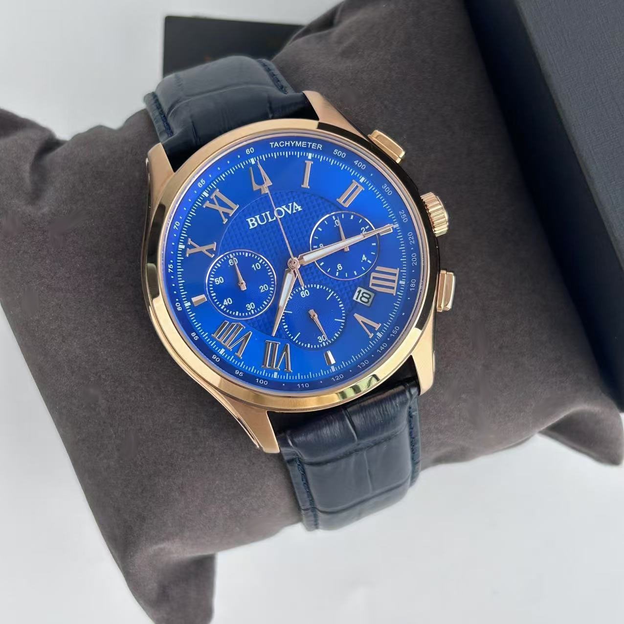 Bulova Wilton Classic 97B170 Blue Dial Leather Strap Men’s Quartz Watch 46.5 mm