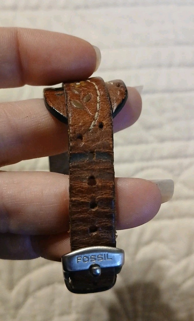 Fossil Blue Dial Square Case Brown Leather Wrap Watch Date