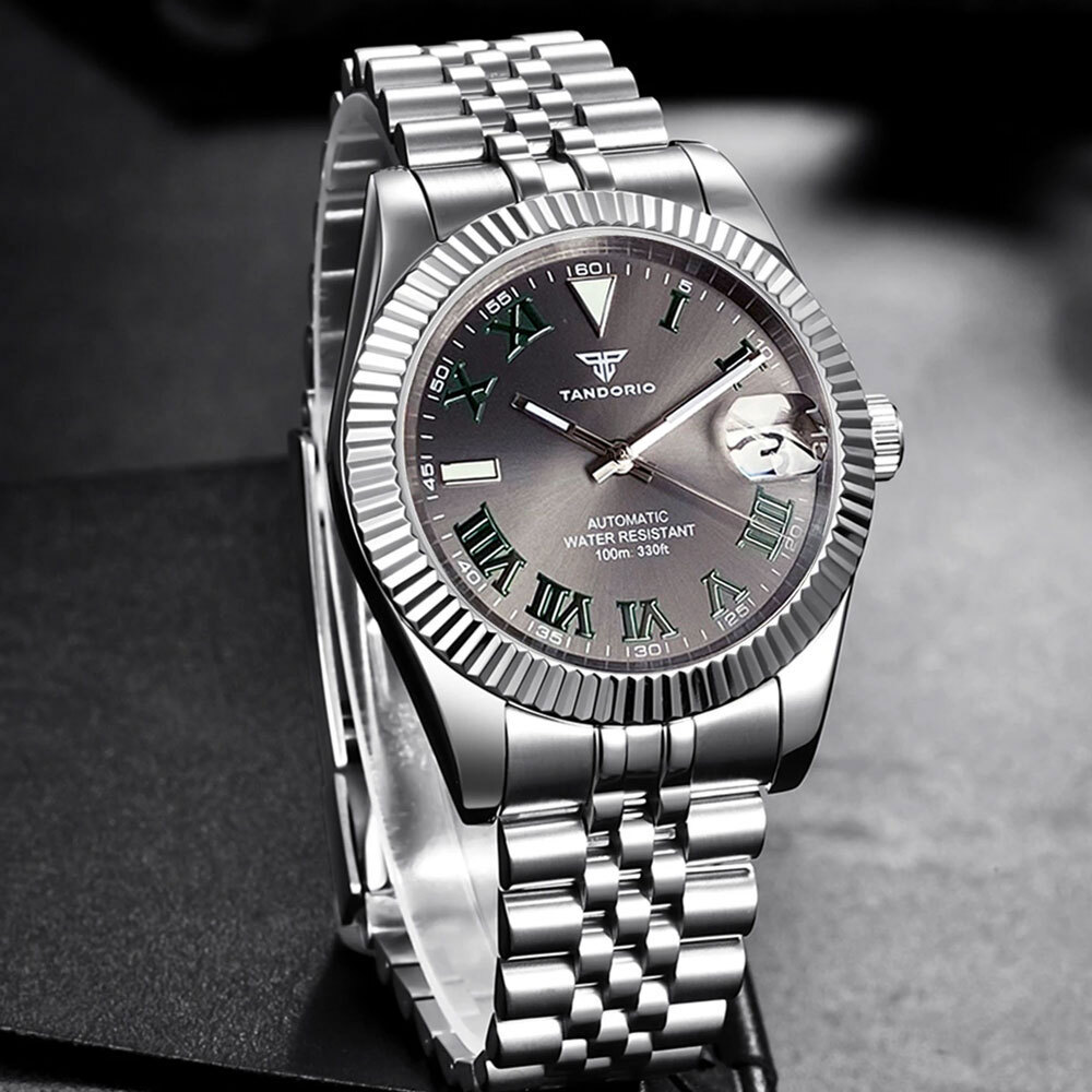 Tandorio 200M Dive 36mm Sunburst Grey Dial Green Roman Number NH35 Watch Men