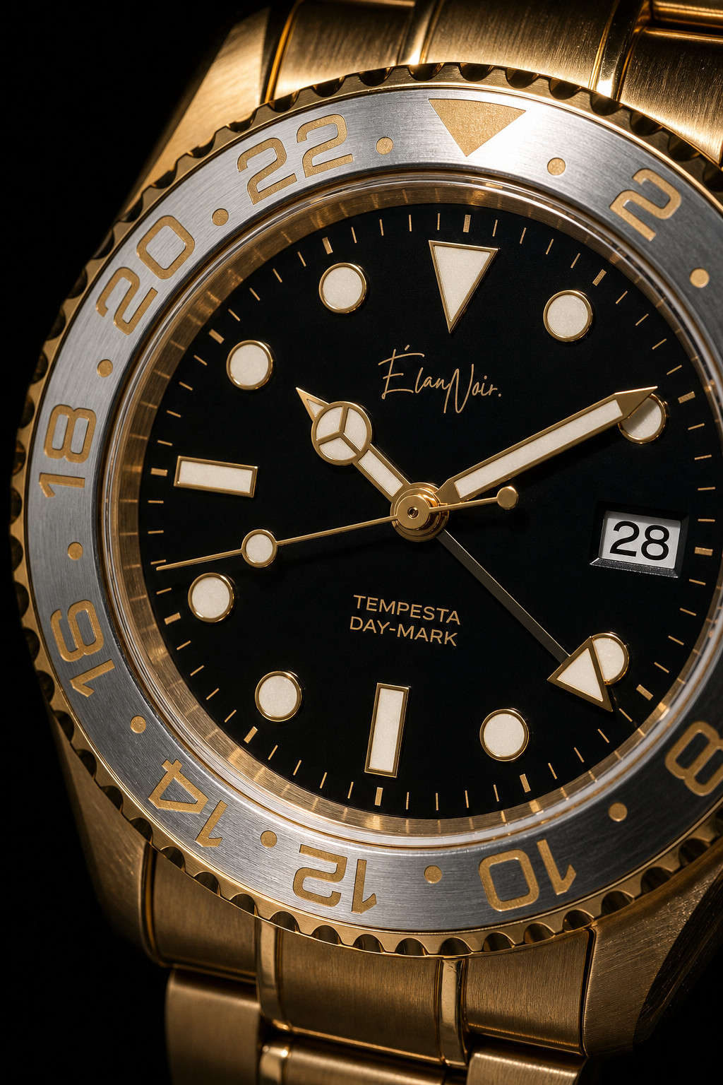 Élan Noir Tempesta Custom GMT Automatic Watch 41mm Gold Steel Black Dial