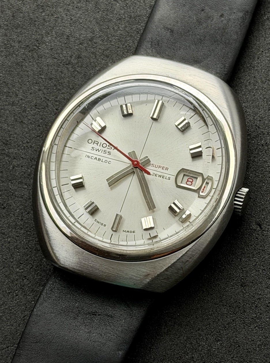 Vtg New 1960s ORIOSA Super Date 25 Jewels Men’s 42mm Automatic Watch Steel Black
