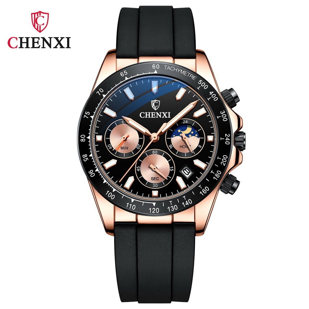 CHENXI Men’s Rose Luminous Calendar Chronograph Moon Phase Business Quartz Watch