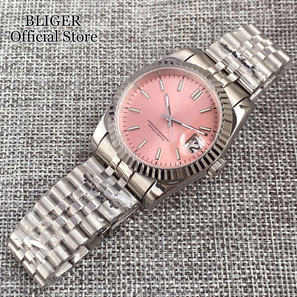 36MM NH35A Sunburst Pink Dial Automatic Watch Men Jubilee Bracelet Screw Crown