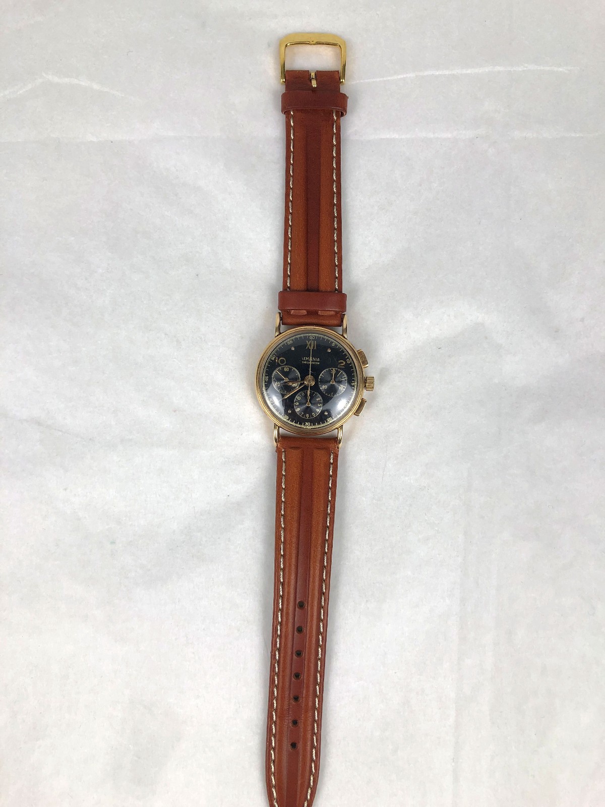 Rare Lemania Chronograph 17 Jewel 1950’s 14K Gold Watch Black Dial