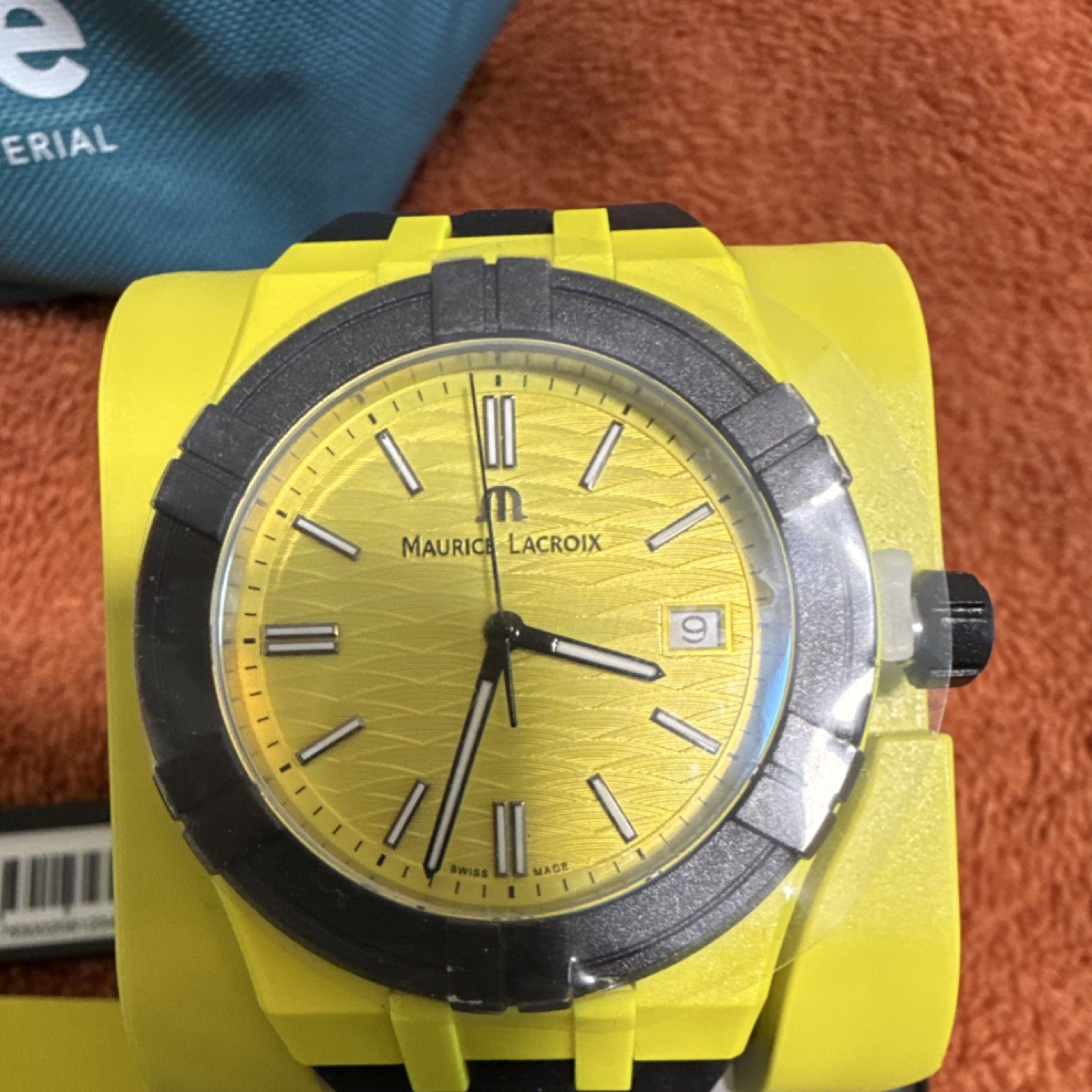 Maurice Lacroix Aikon Tide Wristwatch Yellow Black Rubber Band Wave Dial Date