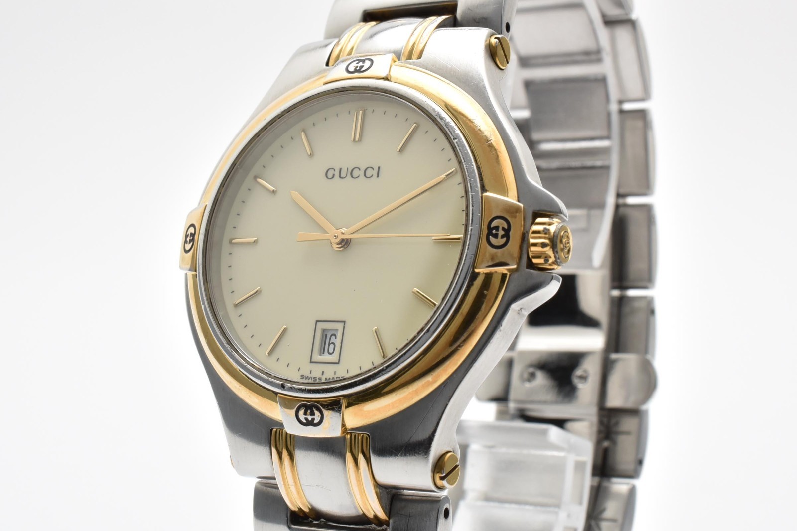 [Exc+5] GUCCI 9040M Quartz Ivory Dial Date Two-Tone Stainless Men’s Watch 18cm