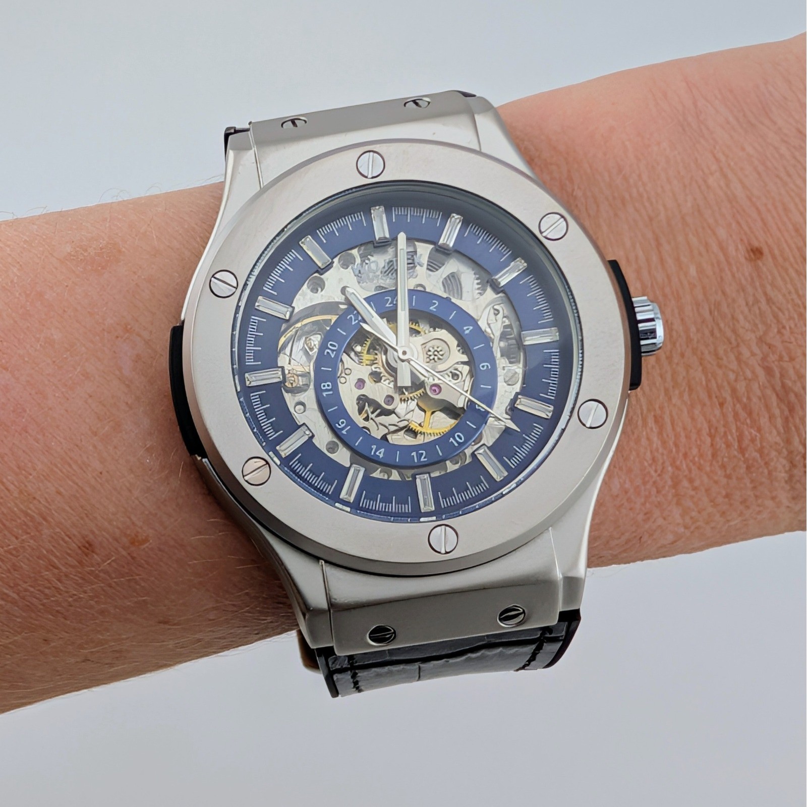 Wojtek Automatic Skeleton Blue Dial Men’s Watch 24 Hour Display NWOT 45mm