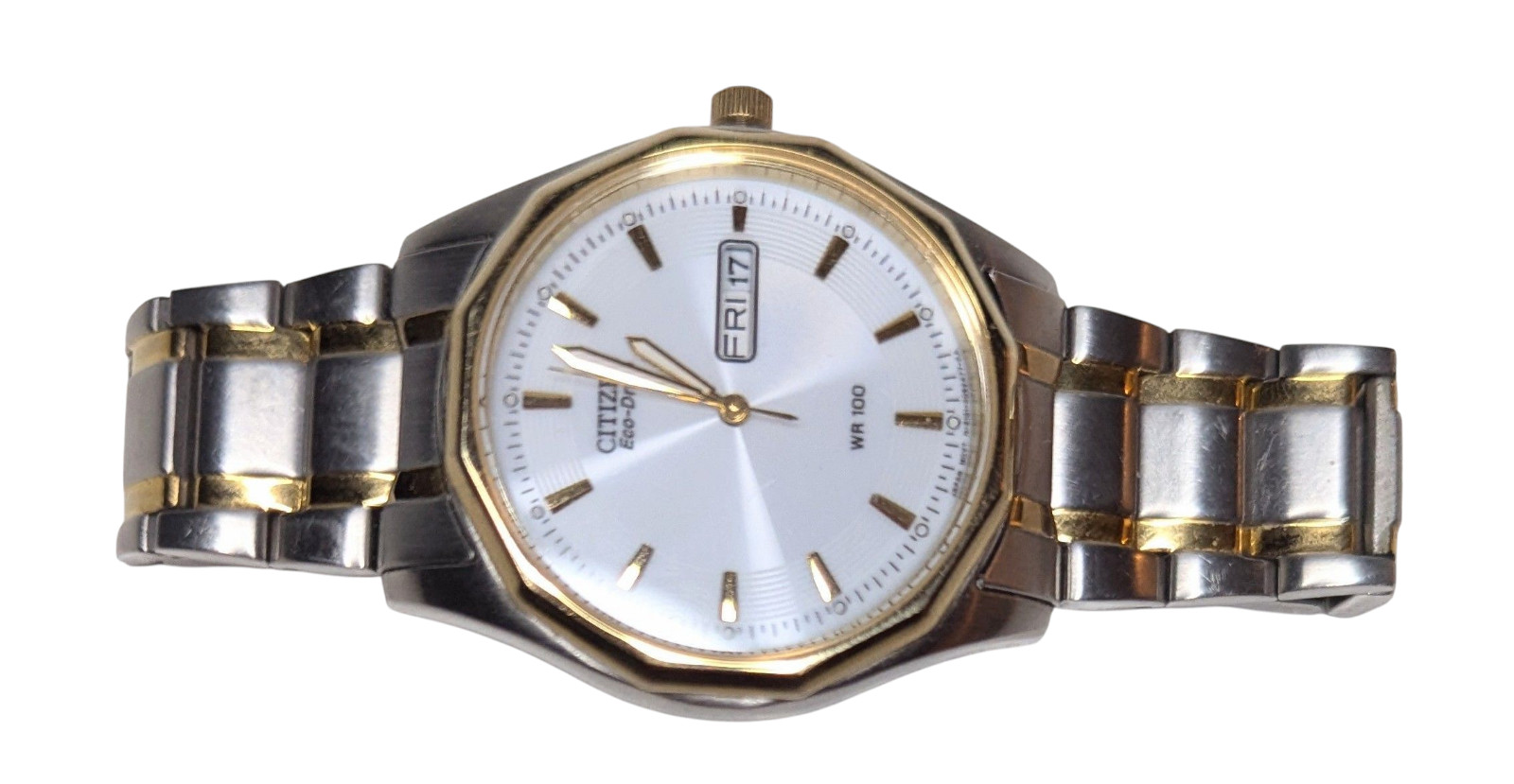 Citizen Eco-Drive E101-S053439 Two Tone WR 100M Day Date Watch Fresh Battery!