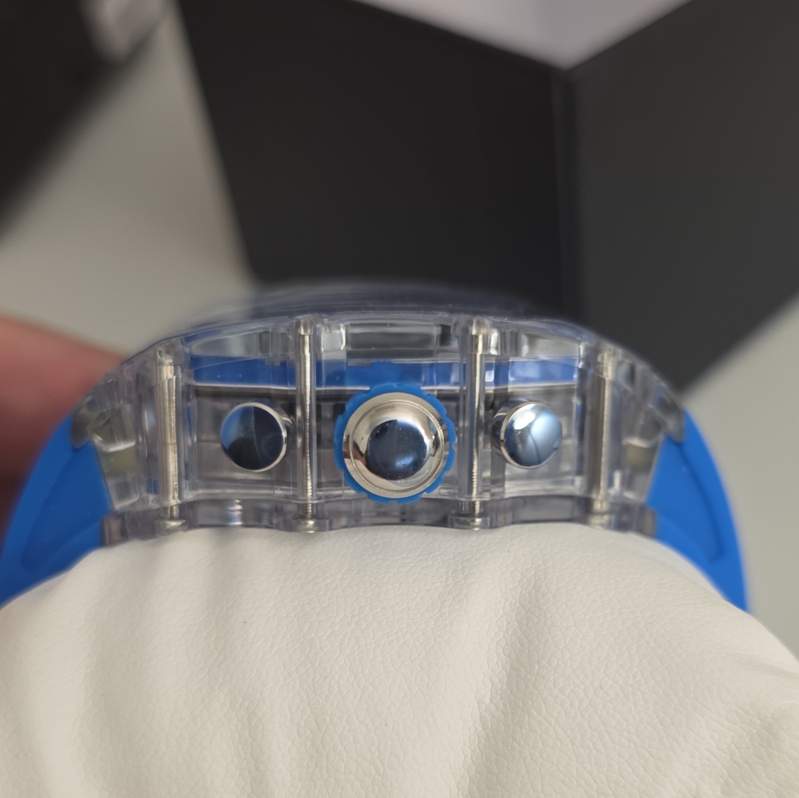 Activa Quartz Chronograph Square Clear Plastic Case Blue Rubber Strap Date