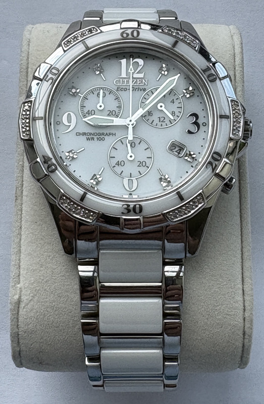 Citizen Eco-Drive Ladies Chronograph Ceramic/Diamonds H504-S079241 PERFECT! READ