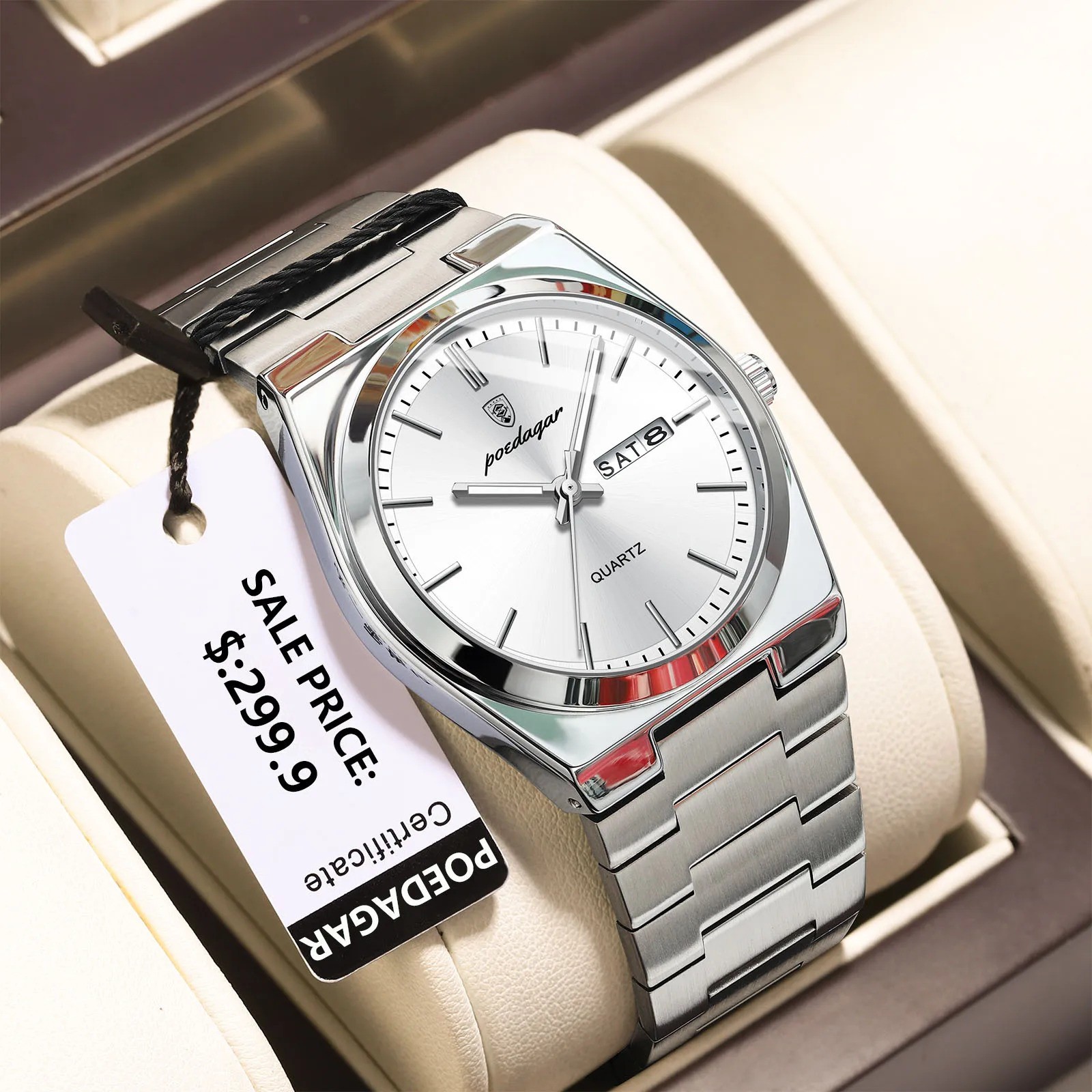 POEDAGAR Men’s Quartz Watch Stainless Steel Waterproof Day Date Luminous