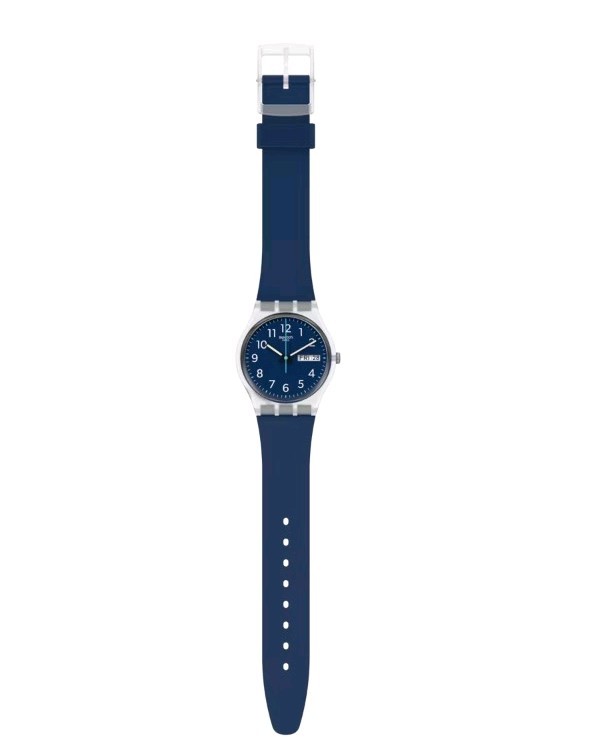 Swatch “RINSE REPEAT NAVY” analog blue/clear biobased plastic dated watch