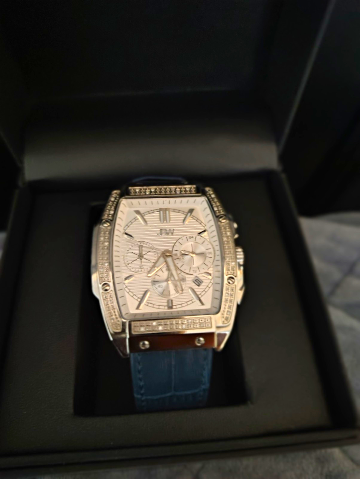 JBW Echelon Quartz Men’s Chronograph Date 44mm Tonneau Silver Dial Blue Leather